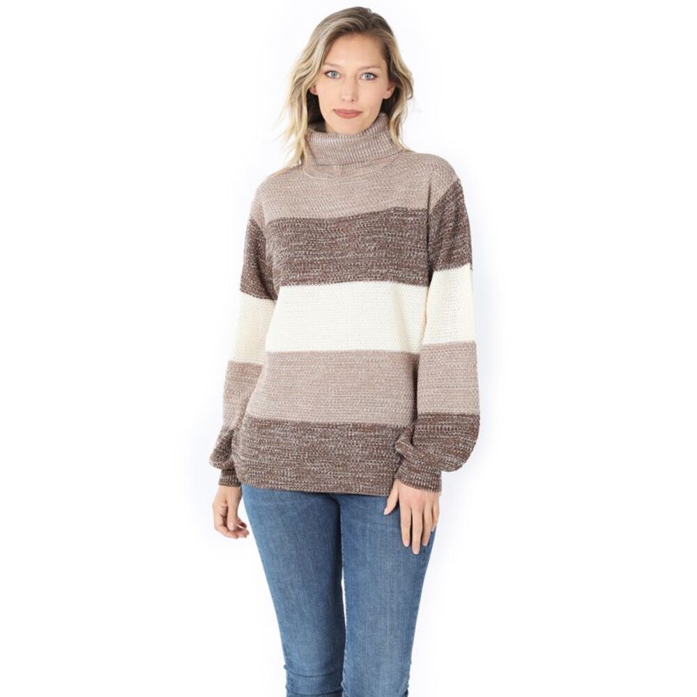 World of Leggings Color Block Striped Turtle Neck Balloon Sleeve Sweater